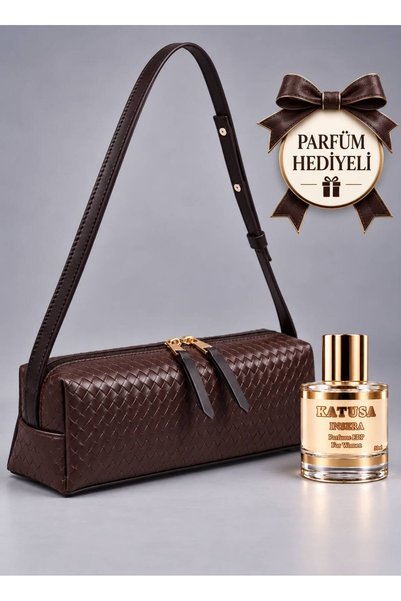 Katusa Women's Brown Woven-Pattern Faux Leather Luxury Shoulder Bag with Zipper