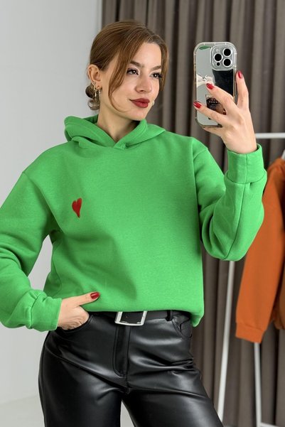WeShaya Green Embroidered Sweatshirt, Relaxed Fit, 3-Ply, Brushed Inside, Rib...