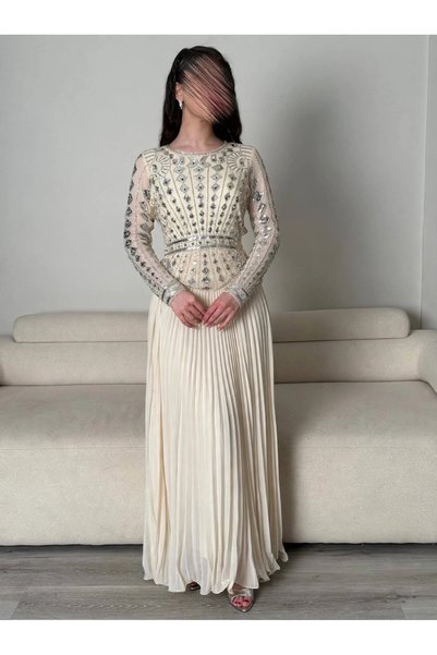 Oliver Luxury Crystal Sequin Embroidered Silver Pleated Evening Dress