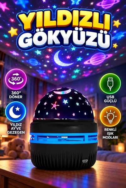 canrodi USB Galaxy Projector Night Light – 360° Rotating Star, Moon, and Plan...