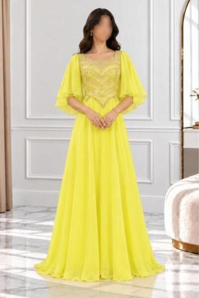 avinci Lemon Yellow Evening Dress with Wide Chiffon Sleeves | ARUSHI