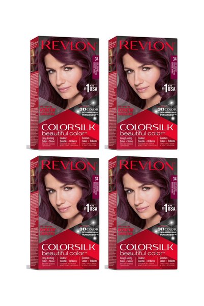 Revlon Pachet 4x Vopsea de păr ColorSilk 34 Burgundie Intens, Fără Amoniac