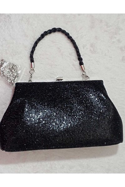 Şarra Gossi Black-Handled Evening Bag, Rhinestone-Embellished Clutch, Shoulde...