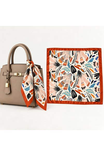 Keçelove Mixed-Pattern Bag Accessory Scarf with Orange Border, 50x50