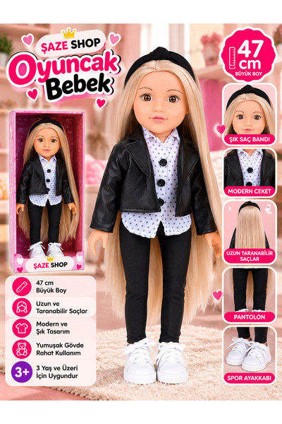 SAZE Şaze Shop 47 cm Uzun Saçlı Büyük Boy Oyuncak Moda Bebek Siyah Deri Görün...