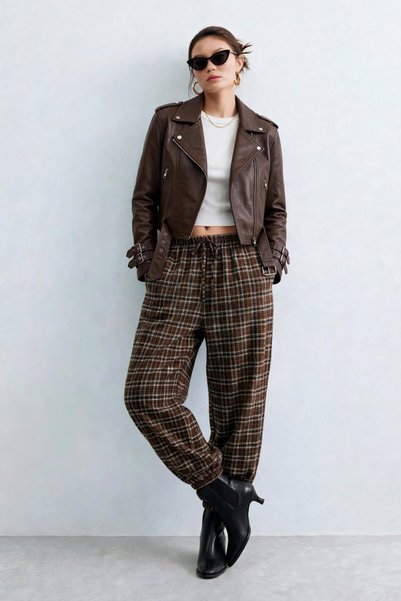 BARRELS AND OIL Women's Tie-Detail Plaid Harem Pants - Brown