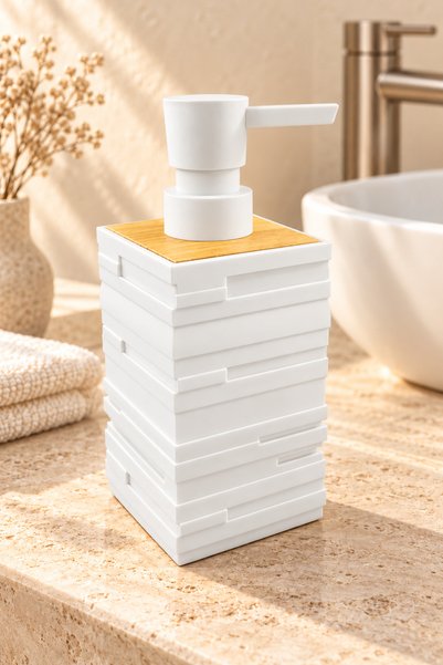 Funny Life 650 mL Decorative Checked Liquid Soap Dispenser with Bamboo Accent...