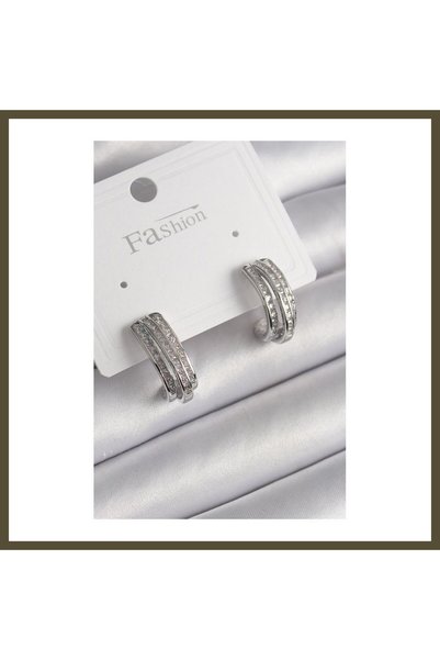 northcity n Silver-Toned Rice-Shaped Half-Hoop Earrings with Zircon Stones fo...