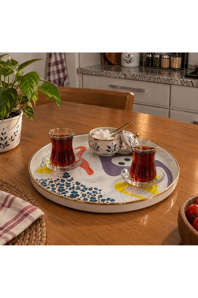 EMAYE EVİM 33 CM DECORATIVE COLORED ENAMELED TEA SERVING TRAY