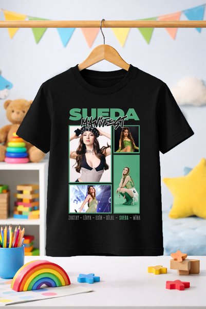 Zeycem Store MANİFEST SUEDA Printed Girls' Unisex T-Shirt, Black and White
