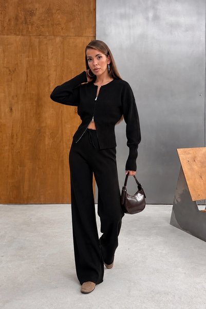 Lusin Women's Black Double-Layer Cardigan and High-Leg Wide-Leg Pants Top and...