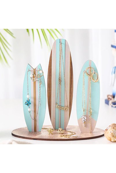 ELECDON Wooden Surfboard Jewelry Organizer Stand, Coastal Beach Room Decor fo...