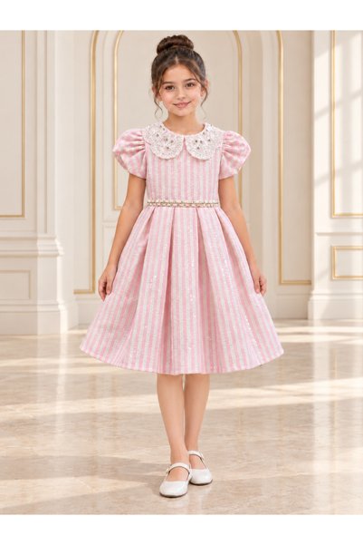 Generic Brand Girls' Pink Striped Dress with Lace Collar, Pearl Belt, and Bow...