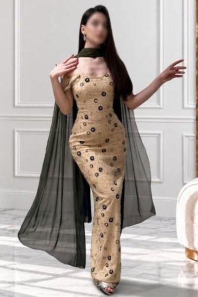 arushi Beige Gold Evening Dress with Navy Embroidery Touches |