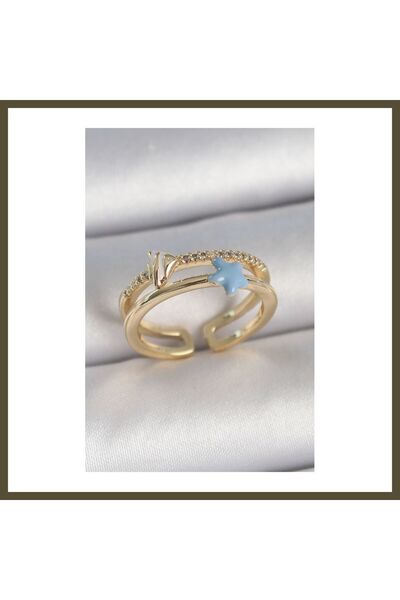 northcity n Gold-Toned Rice-Patterned 2-Piece Blue Star-Shaped Ring with Zirc...