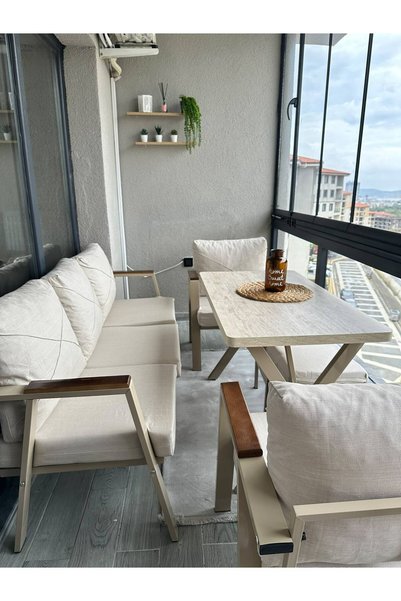 Kırlenta 3 1 1 ALYA 2 ADET PUF İLE BERABER KAPUÇİNO MASALI MUTFAK BALKON BAHÇ...