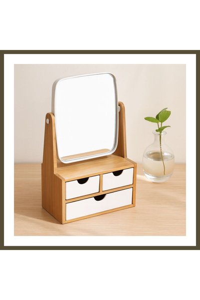 northcity n Bamboo 3-Drawer Makeup Organizer - With Mirror & Hanger BX