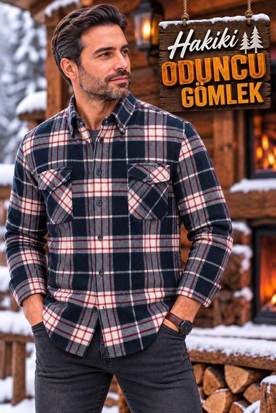 GÖMLEK GALERİSİ Men's Classic Flared Lumberjack Long-Sleeve Plaid Cotton Shir...