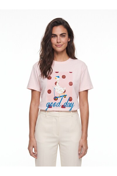 WeShaya Powder-Printed Embroidered Relaxed T-Shirt, Knit, Short-Sleeved, Crew...