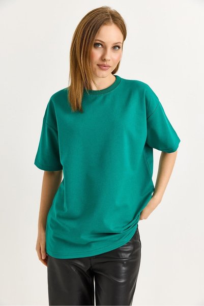 WeShaya Green Oversized Loose-Fit T-Shirt, Knit, Drop-Shoulder, Crew Neck