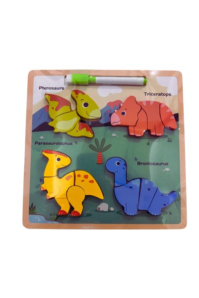 OEM Puzzle din lemn 3D cu dinozauri + tablita de desen cu marker - 16 piese