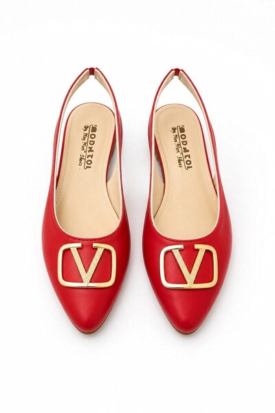 WeShaya Red Gold-Buckled Slingback Ballet Flats, Strappy, Pointed Toe, Faux L...