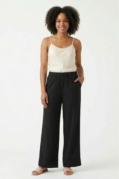 WeShaya Black Wide-Leg Pants with Elastic Waistband, High-Waisted, High-Leg, ...