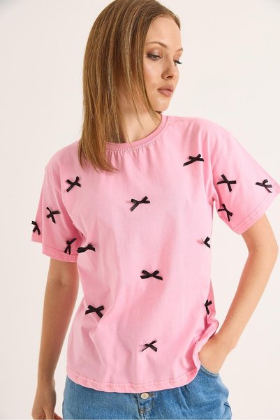 WeShaya Cotton T-Shirt with Pink Bow Detail, Knit, Short-Sleeved, Crew Neck