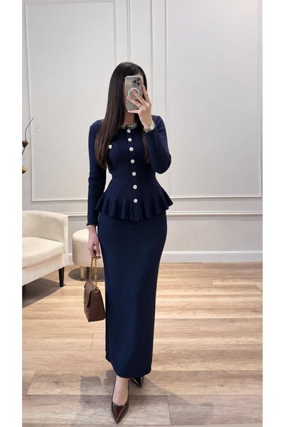 Aderin Kadın Taşlı Düğme Detaylı Peplum Triko Etek Takım Bordo