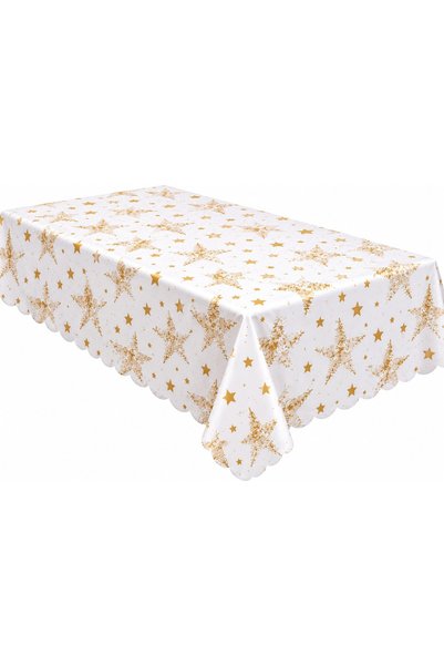 OEM Коледна покривка за маса 140 × 220 см, бяла със златни звезди