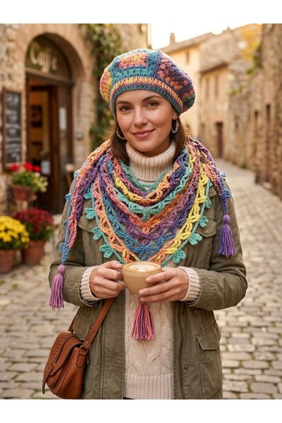 satürn hobi örgü tasarım Knitted Batik Colorful & Shimmering Bohemian Scarf &...