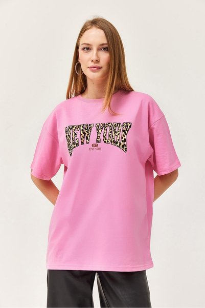 WeShaya Pink Printed Oversized T-Shirt, Knit, Drop-Shoulder, Crew Neck