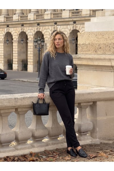 WeShaya Black Knitted Pants with Elastic Waistband, High-Waist, Stretch Fabri...