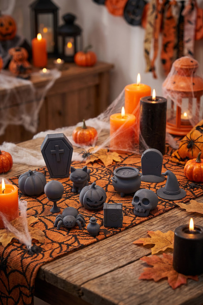 ZEROXO Halloween Dekor Figür Seti 12 Parça Tabut Kabak Kedi Kafatası 4x6 cm