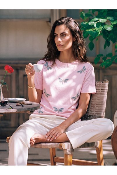 WeShaya Sugar Pink Dragonfly-Embroidered T-Shirt, Cotton, Knit, Short-Sleeved...