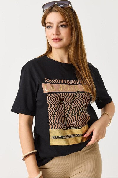 WeShaya Black T-Shirt with Glossy Printed Design, Cotton, Knit, Short-Sleeved...