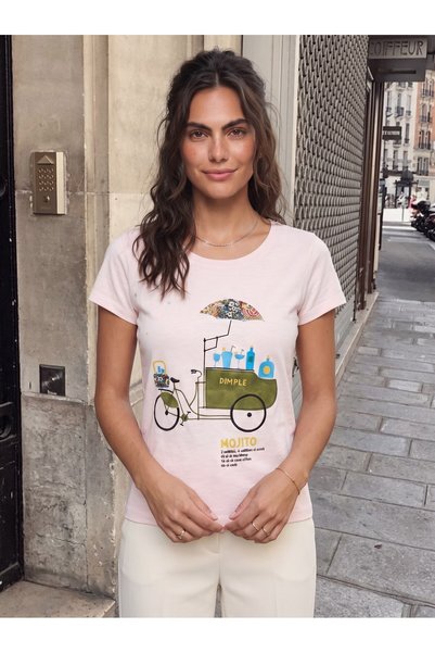 WeShaya Powder Pink T-Shirt with Bicycle Print, Cotton, Knit, Short-Sleeved, ...