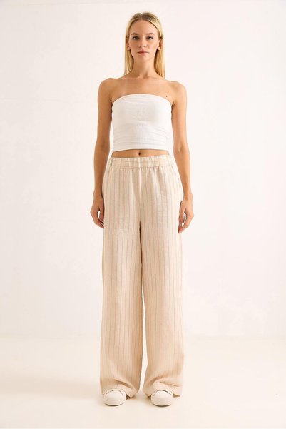 WeShaya Pink Striped Wide-Leg Pants, High-Waisted, Cotton, Linen, With Pockets