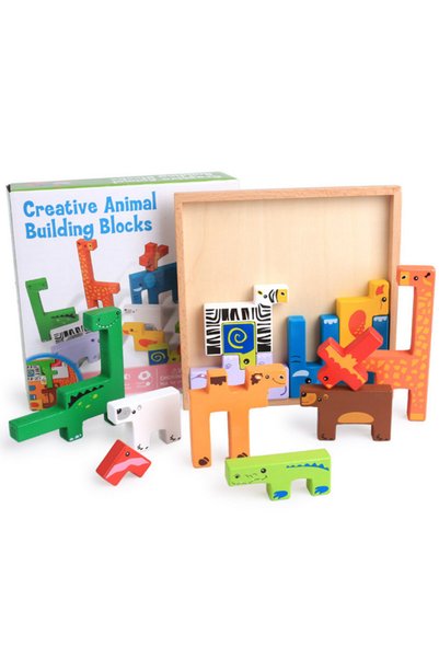 OEM Joc din lemn Tetris 3D cu animalute - Puzzle creativ pentru copii
