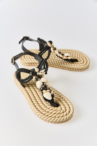 WeShaya Black Rope Sandals with Sequin Embellishments, Leather-Look, Adjustab...