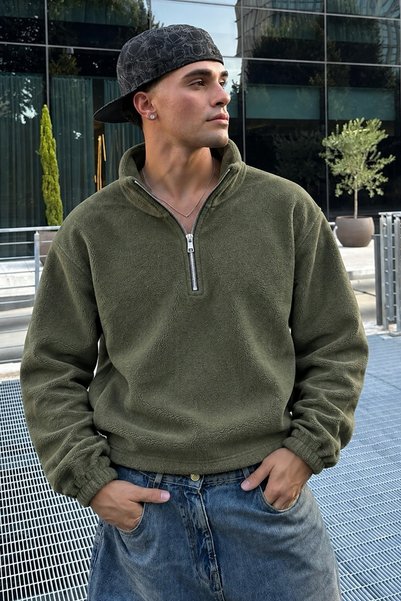 DAMGA JEANS Men’s Mock Neck Zip-Up Casual Khaki Fleece-Lined Jacket
