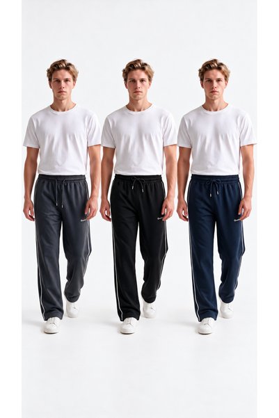 VESTRO Men's 3-Piece Relaxed-Fit Side-Zip Jersey Sweatpants with Piped Legs, ...