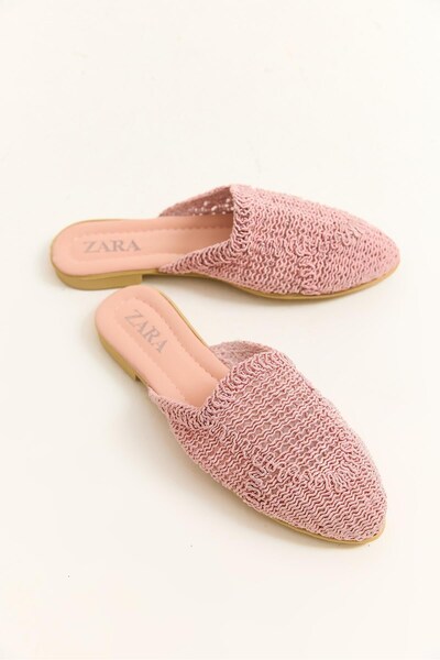 WeShaya Pink Knitted Closed-Toe Slippers, Flat Sole, Pointed Toe, Faux Leather