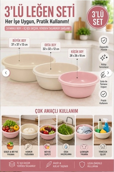 Akyüz Plastik 🩷 Set of 3 Nested Round Plastic Bowls | Large, Medium, Small |...