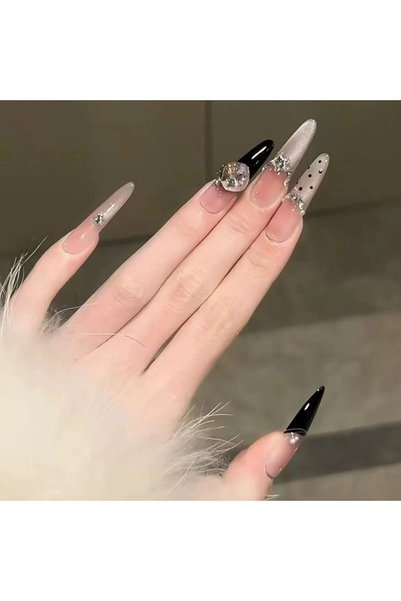 1way Long Black and Silver Stiletto Nails with Shiny Tips