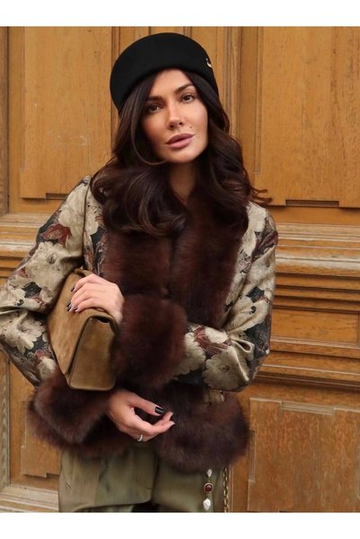 Butik Beyza Fur-Trimmed Floral Print Jacquard Jacket