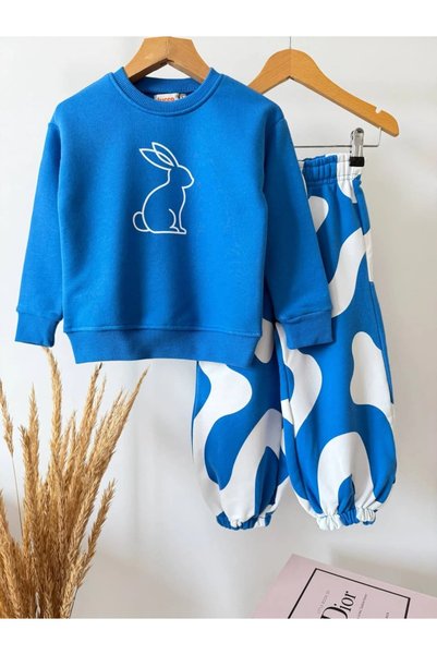 Patriko BOYS' AND GIRLS' BLUE COTTON SWEATSHIRT AND PATTERNED PANTS SET