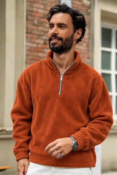 DAMGA JEANS Ανδρικό φούτερ με όρθιο γιακάς και μισό φερμουάρ, σε χρώμα κεραμι...