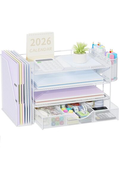 ALMEKAQUZ Desk Organizer with File Compartments and Accessories, 4-Tier Desk ...