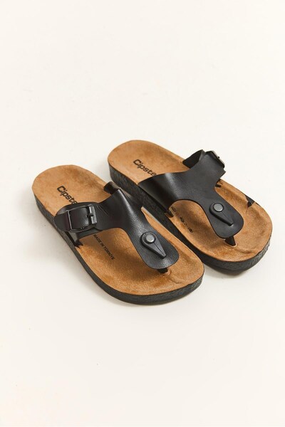 WeShaya Black Faux Leather Thong Slippers, Adjustable, with Metal Buckles and...